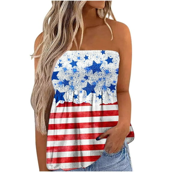 Usmisi 4th of July Tank Tops Elastic Waist Independence Day Patriotic Tube Top Shirts Womens Fashion Star Print One-line Neck Sleeveless Summer Blouses Blue s