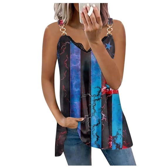 Usmisi 4th of July Tank Tops Independence Day Metal Strap Tunic Lace Trim Patriotic Shirts Vest Womens Fashion Striped Print V-Neck Sleeveless Summer Blouses Black xxxl