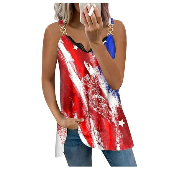 Usmisi 4th of July Tank Tops Independence Day Metal Strap Tunic Lace Trim Patriotic Shirts Vest Womens Fashion Striped Print V-Neck Sleeveless Summer Blouses Red s