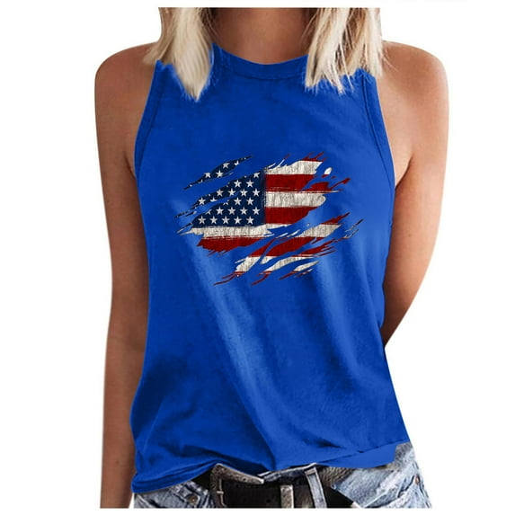 Usmisi 4th of July Tank Tops Independence Day Patriotic Loose Comfy Racerback Shirts Vest Womens Fashion USA Flag Print Crewneck Sleeveless Summer Blouses Blue m