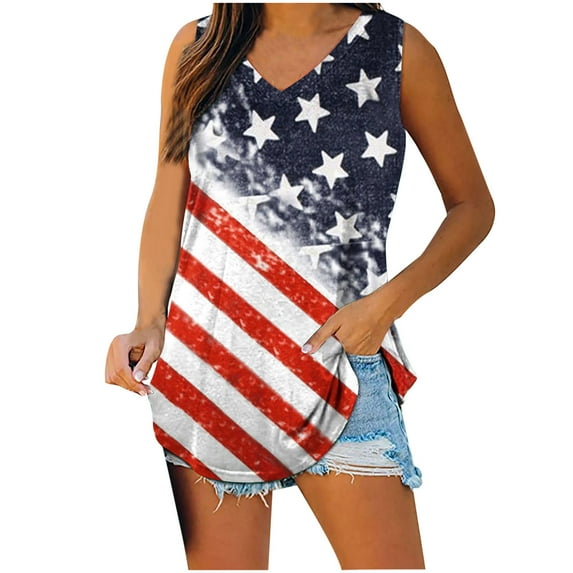 Usmisi 4th of July Tank Tops Lightweight Comfy Independence Day Shirts Tunic Patriotic Vest Womens Fashion Striped Print V-Neck Sleeveless Summer Blouses White l