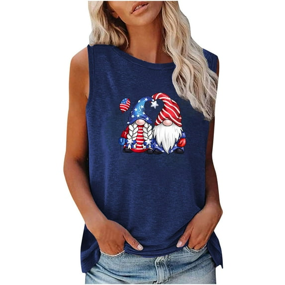 Usmisi 4th of July Tank Tops Loose Fit Breathable Patriotic Graphics Shirts Vest Womens Fashion Independence Day Gnome Print Crewneck Sleeveless Summer Blouses Blue l