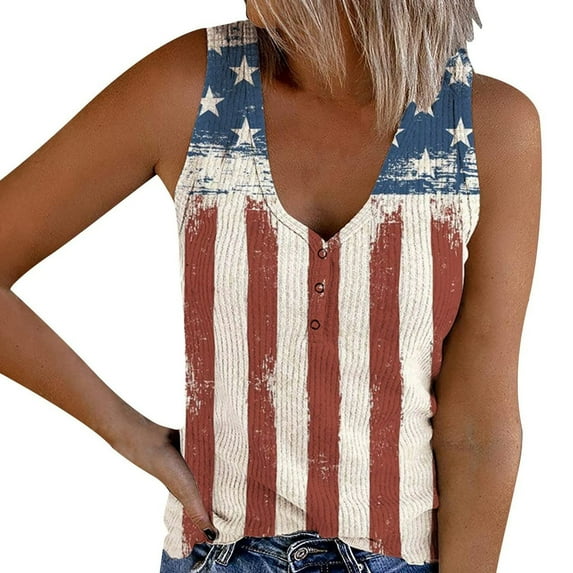 Usmisi 4th of July Tank Tops Plus Size Knitted Ribbed Independence Day Patriotic Shirt Vest Womens Fashion American Flag Print V-Neck Sleeveless Summer Blouses Khaki l