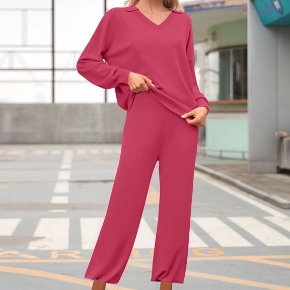 Usmixi 2 Piece Lounge Sets for Women Fleece Pajamas Sets Women V Neck Long Sleeve Pullover and Long Pants 2 PC Sets Casual Solid Homewear Sets Sleepwear Plush Loungewear Sets
