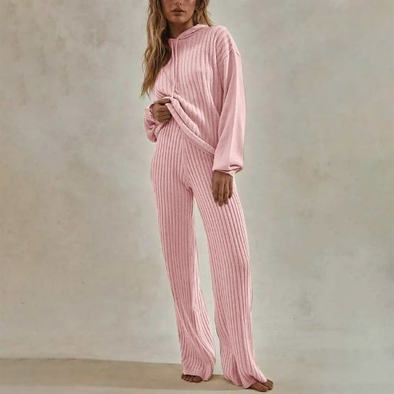 Usmixi 2 Piece Lounge Sets for Women Pajamas Sets for Women Comfy Knit Pullover Hoodies Sweater and High Waist Long Pant 2 Piece Outfits Sets Casual Solid Homewear Sleepwear Sets Under $10