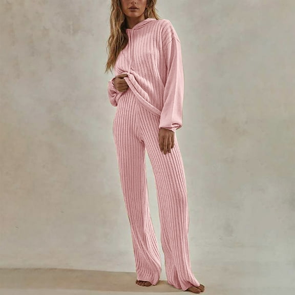 Usmixi 2 Piece Lounge Sets for Women Pajamas Sets for Women Comfy Knit Pullover Hoodies Sweater and High Waist Long Pant 2 Piece Outfits Sets Casual Solid Homewear Sleepwear Sets Under $10