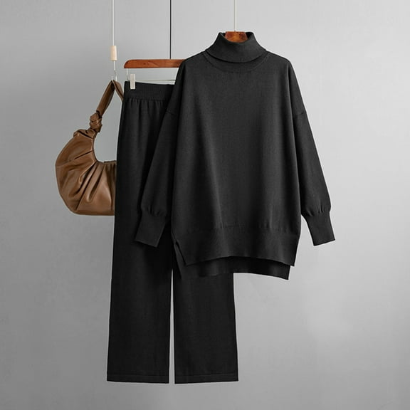 Usmixi 2 Piece Lounge Sets for Women Turtleneck Sweater 2 Piece Outfits Winter Cozy Knitted Pullover Sweater and Wide Leg Long Pant Lounge Sets Casual Solid Homewear Pajamas Sets Under $10