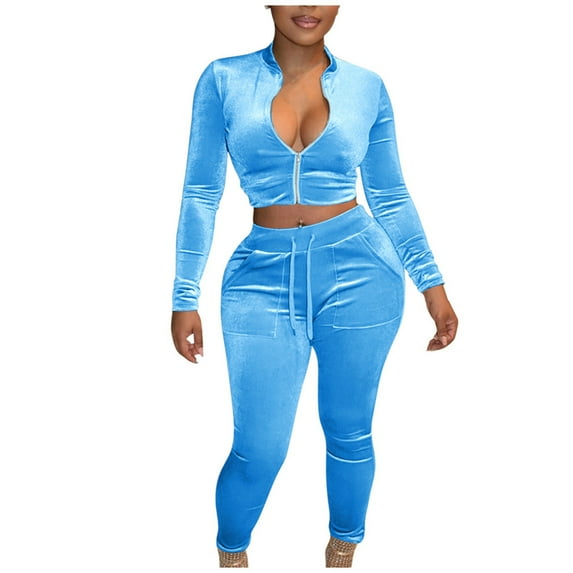 Usmixi 2 Piece Lounge Sets for Women Womens Gold Velvet 2 Piece Outfit Sets Sexy Zip Cropped Coat and Drawstring Long Pant Lounge Sets Workout Sports Casual Solid Tracksuit Sets