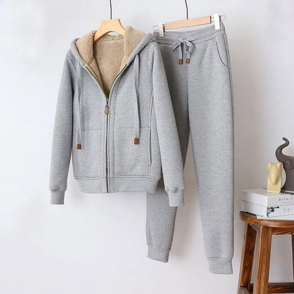 Usmixi 2 Piece Outfits for Women Fleece Lounge Sets for Women Winter Cozy Plush Lined Hooded Sweatshirt Coat and Jogger Pant Sweatsuit Sets Plus Size Zip Jacket Tracksuit Sets Under $10