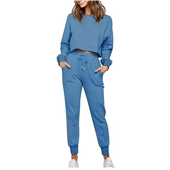 Usmixi 2 Piece Outfits for Women Womens Elastic Waist Drawstring Jogger Pant Lounge Set Long Sleeve Pullover Tops 2 Piece Outfits Set Casual Solid Sports Sweatsuits Set with Pocket Holiday