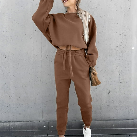 Usmixi 2 Piece Sweatsuit for Women Cropped Sweatshirt 2 Piece Sets Women Casual Solid Long Sleeve Drawstring Pullover and Jogger Pant Tracksuit Sets Sports Running Lounge Sets Under $10