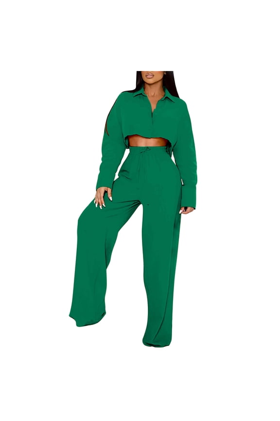 Usmixi 2 Piece Tracksuit for Women Lounge Sets for Women Casual Solid Laple Long Sleeve Cropped Pullover Top and High Waist Wide Leg Blazer Pants Sets Ladies Suit 2 Piece Outfits Under $10