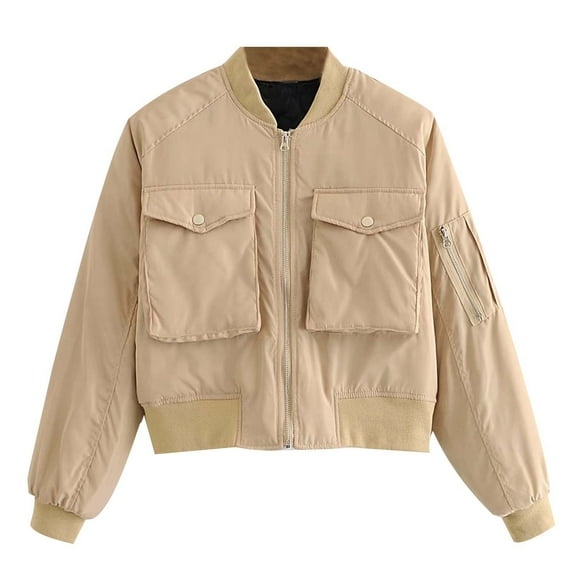 Usmixi 2023 Bomber Jacket for Women Womens Baseball Coats Fashion Street Style Full Zipper Bottom Bomber Coats Casual Solid Long Sleeve Pocket Varsity Outwear Winter Bomber Jacket
