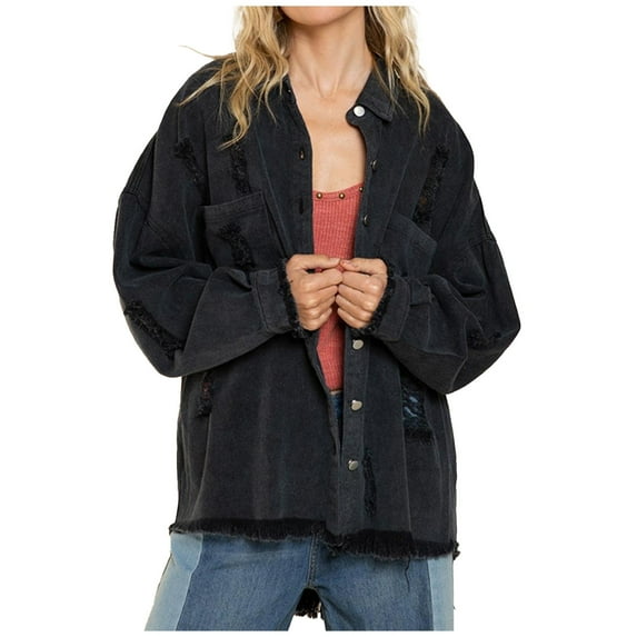 Usmixi 2023 Denim Jacket for Women Winter Oversized Denim Jacket for Women Fashion Distressed Ripped Boyfriend Jean Coat Button Down Long Sleeve Lapel Casual Solid Shacket Outwear Weekly