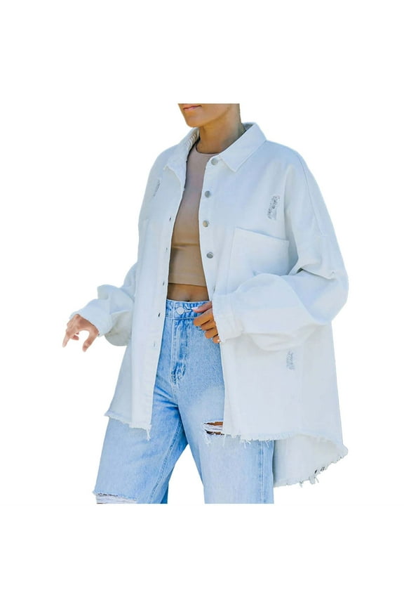 Usmixi 2025 Denim Jacket for Women Winter Oversized Denim Jacket for Women Fashion Distressed Ripped Boyfriend Jean Coat Button Down Long Sleeve Lapel Casual Solid Shacket Outwear