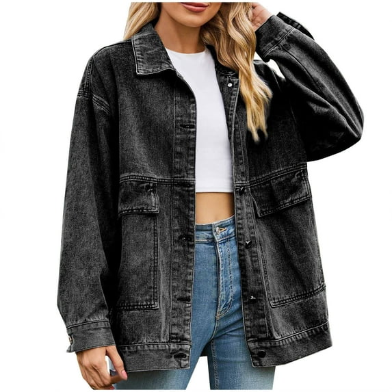 Usmixi 2023 Denim Jacket for Women Winter Womens Denim Coat Long Sleeve Button Down Lapel Vintage Boyfrined Jean Jacket Casual Solid Loose Stretchy Denim Outerwear with Pocket Weekly Deals