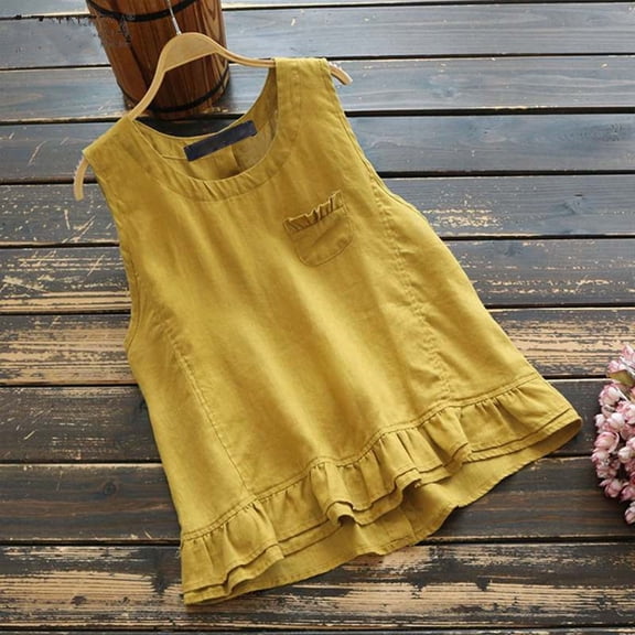 Usmixi 2025 Summer Cute Tees Summer Shirt for Women Elbow-Length Crewneck Casual Trendy Tops Solid Hollowed Loose Cotton Linen Hem Blouse Yellow XXL