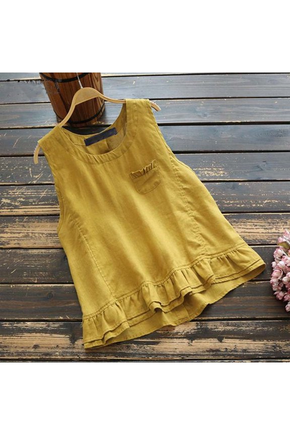 Usmixi 2023 Summer Cute Tees Summer Shirt for Women Elbow-Length Crewneck Casual Trendy Tops Solid Hollowed Loose Cotton Linen Hem Blouse Yellow s
