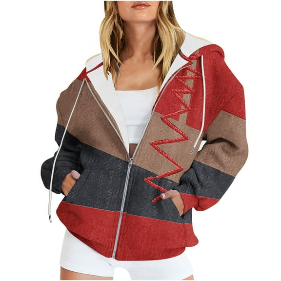 Usmixi 2023 Sweatshirt Coat for Women Winter Women Hooded Outwear Tops Trendy Color Patchwork Drawstring Hoodies Sweatshirt Coat Fall Long Sleeve Open Front Zip Loose Jacket with Pocket Weekly