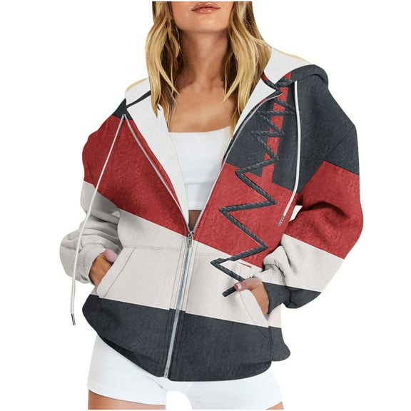 Usmixi 2023 Sweatshirt Coat for Women Winter Women Hooded Outwear Tops Trendy Color Patchwork Drawstring Hoodies Sweatshirt Coat Fall Long Sleeve Open Front Zip Loose Jacket with Pocket Weekly