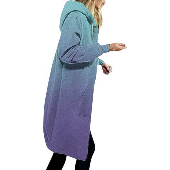 Usmixi 2023 Trench Coat for Women Winter Long Coat for Women Long Sleeve Open Front Zipper Drawstring Hooded Sweatshirt Overcoat Fashion Gradient Print Hoodie Outwear with Pocket Weekly