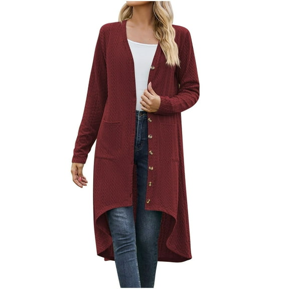 Usmixi 2023 Trench Coat for Women Winter Sweater Cardigan for Women Casual Solid Open Front Button Loose Knit Sweater Coat Fall Lightweight Loose Long Sleeve Pocket Long Outwear Weekly