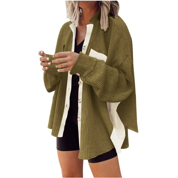 Usmixi 2023 Winter Womens Corduroy Jackets Womens Shacket Jackets Fashion Color Patchwork Button Down Stand Neck Shirts Coats Winter Loose Long Sleeve Cozy Corduroy Coat with Pocket Up to 65% off