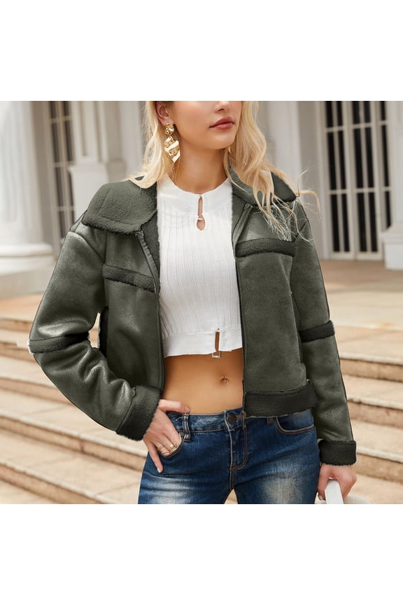 2025 Winter Womens Faux Coat Faux Suede Jacket for Women Trendy Leather Fleece Patchwork Cropped Coat Long Sleeve Lapel Open Zip up Fashion Plush Outwear with Pocket Up to 65% off