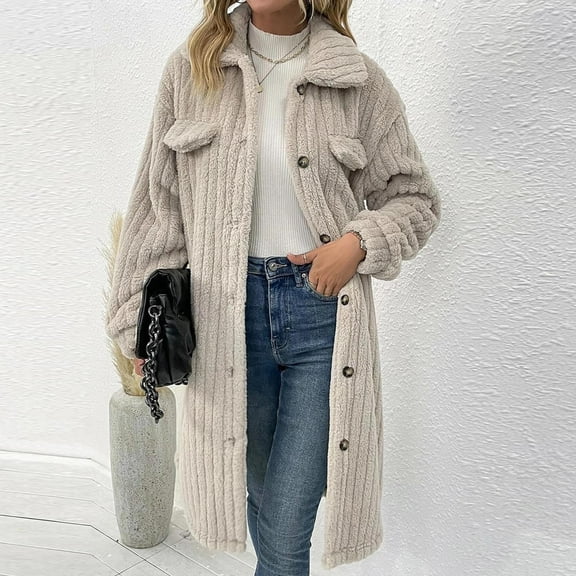 Usmixi 2023 Winter Womens Fleece Coats Overcoats for Women Long Sleeve Winter Warm Cozy Fluffy Fuzzy Plush Coats Loose Casual Solid Button Down Lapel Mid Length Sherpa Jackets Up to 65% off
