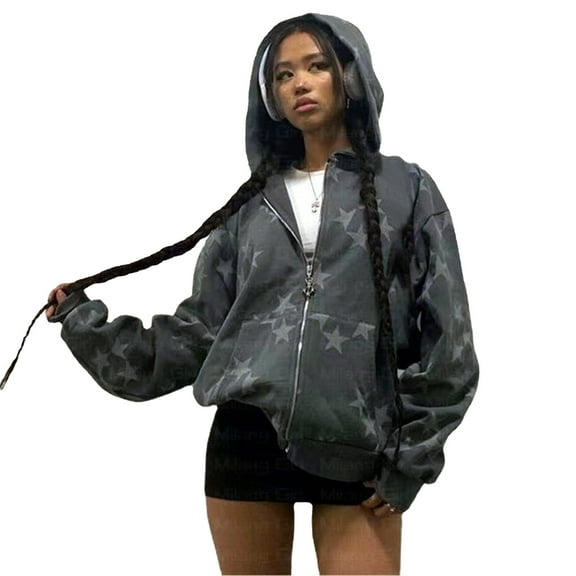 Usmixi 2023 Winter Womens Hoodies Coat Sweatshirt Coat for Women Fashion Star Print Oversized Zip up Hooded Jacket Fall Lightweight Long Sleeve Ladies Girls Outwear with Pocket Up to 65% off