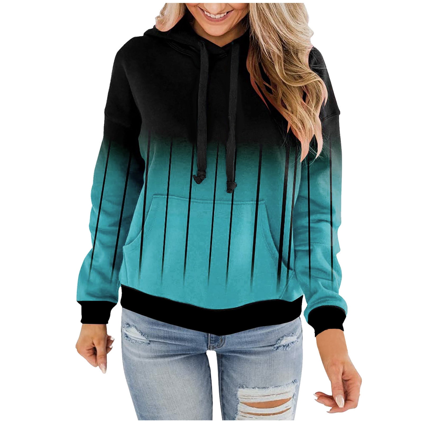 Yuccalley Women's Loose Long Sleeve Hoodie – Drawstring Pullover With Kangaroo Pocket, Blue, X-Large, 90% Cotton 3 thumbnail image