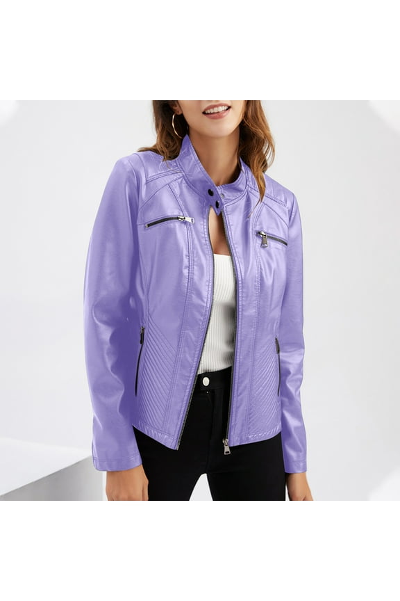 Usmixi 2023 Winter Womens Leather Coat Bomber Jacket for Women Fashion Stand Collar Zip up Faux Leather Jacket Plus Size Casual Solid Long Sleeve Lightweight PU Outwear with Pocket Up to 65% off