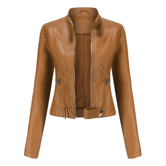 up to 60% off Gifts Leather Coats for Women Womens Bomber Jackets Fashion Stand Neck Open Front Zipper Leather Coats Winter Long Sleeve Pocket Plus Size Solid Lightweight Faux Fur Jackets