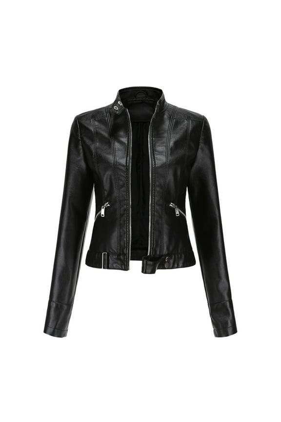 Usmixi 2023 Winter Womens Leather Coats Womens Bomber Jackets Fashion Stand Neck Open Front Zipper Leather Coats Winter Long Sleeve Pocket Plus Size Solid Lightweight Faux Fur Jackets Up to 65% off