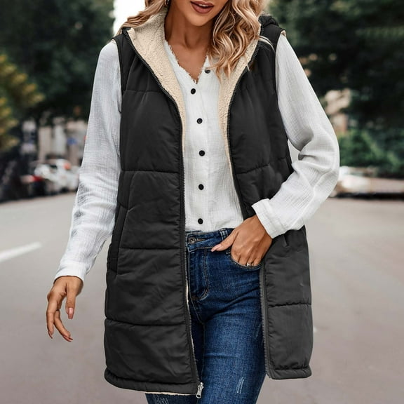 Usmixi 2025 Winter Womens Plush Vest Womens Double Side Wearable Plush Vest Coat Casual Solid Sleeveless Hooded Outerwear Open Zip up Loose Puffer Quilted Jackets with Pocket