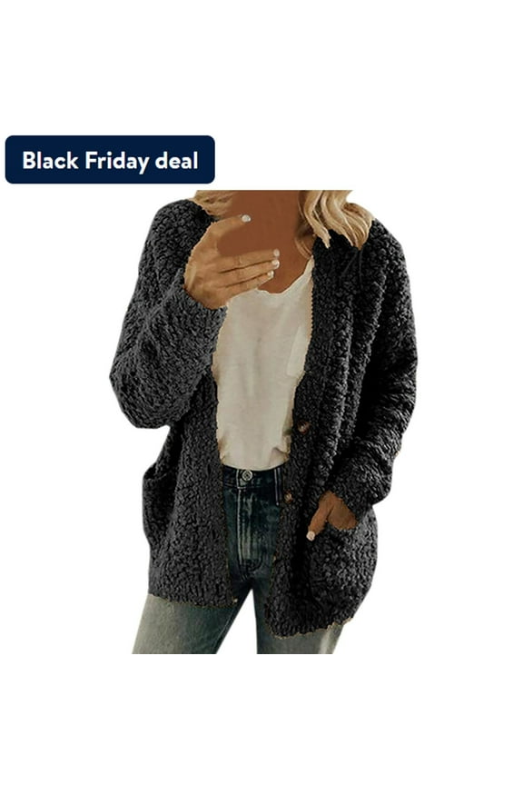 Usmixi 2023 Winter Womens Sherpa Coats Fleece Coats for Women Winter Long Sleeve Cozy Fluffy Plush Jackets Casual Solid Plus Size Open Front Button Fuzzy Sherpa Jacket with Pocket Up to 65% off