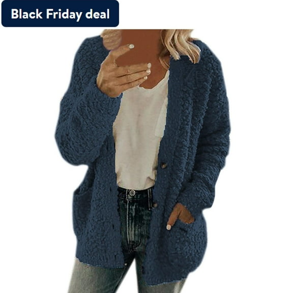 Usmixi 2023 Winter Womens Sherpa Coats Fleece Coats for Women Winter Long Sleeve Cozy Fluffy Plush Jackets Casual Solid Plus Size Open Front Button Fuzzy Sherpa Jacket with Pocket Up to 65% off