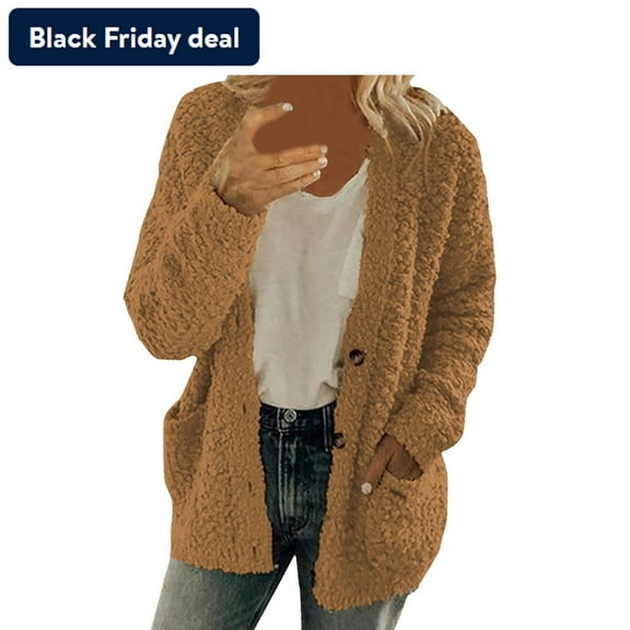 Usmixi 2023 Winter Womens Sherpa Coats Fleece Coats for Women Winter Long Sleeve Cozy Fluffy Plush Jackets Casual Solid Plus Size Open Front Button Fuzzy Sherpa Jacket with Pocket Up to 65% off