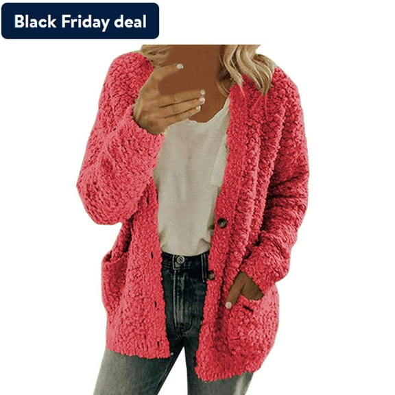 Usmixi 2023 Winter Womens Sherpa Coats Fleece Coats for Women Winter Long Sleeve Cozy Fluffy Plush Jackets Casual Solid Plus Size Open Front Button Fuzzy Sherpa Jacket with Pocket Up to 65% off