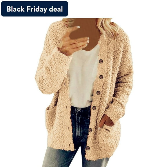 Usmixi 2023 Winter Womens Sherpa Coats Fleece Coats for Women Winter Long Sleeve Cozy Fluffy Plush Jackets Casual Solid Plus Size Open Front Button Fuzzy Sherpa Jacket with Pocket Up to 65% off