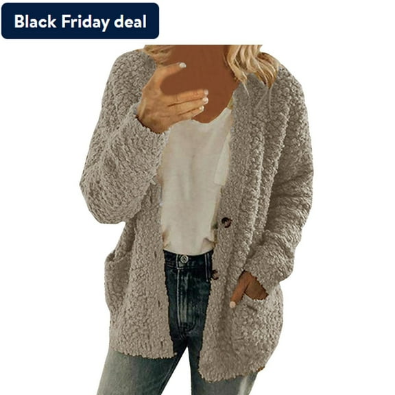 Usmixi 2023 Winter Womens Sherpa Coats Fleece Coats for Women Winter Long Sleeve Cozy Fluffy Plush Jackets Casual Solid Plus Size Open Front Button Fuzzy Sherpa Jacket with Pocket Up to 65% off
