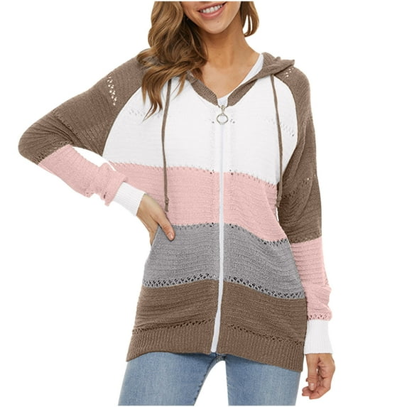 Usmixi 2023 Winter Womens Sweater Coat Knitted Sweater Coat for Women Fashion Color Patchwork Hollow out Drawstring Hooded Coat Open Front Zipper Plus Size Loose Sweater Outwear Up to 65% off