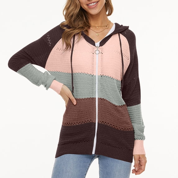 Usmixi 2023 Winter Womens Sweater Coat Knitted Sweater Coat for Women Fashion Color Patchwork Hollow out Drawstring Hooded Coat Open Front Zipper Plus Size Loose Sweater Outwear Up to 65% off