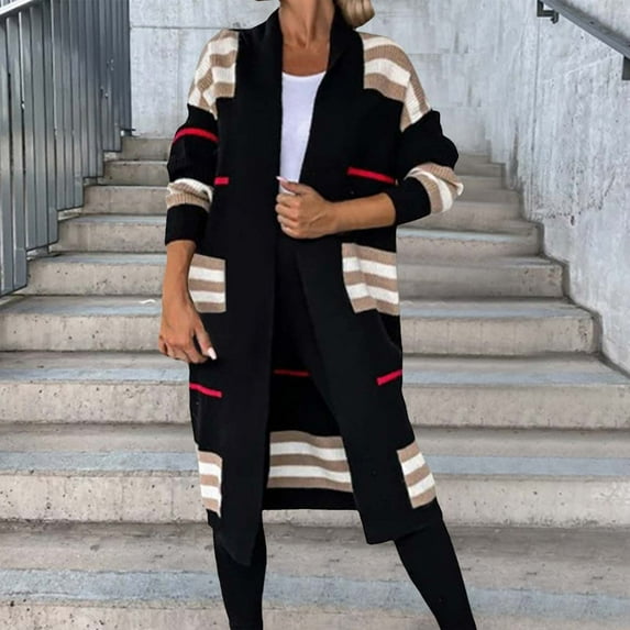 Usmixi 2023 Winter Womens Sweater Coat Sweater Cardigan for Women Fashion Striped Print Loose Long Coat Fall Open Front Long Sleeve Soft Knit Sweater Outerwear with Pocket Up to 65% off