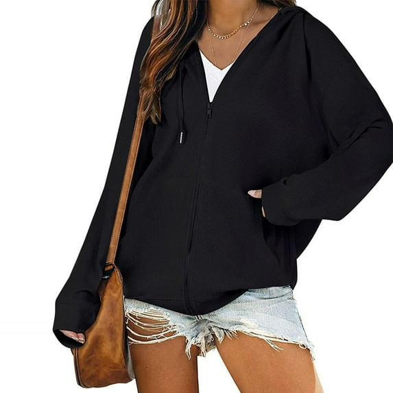 Usmixi 2023 Winter Womens Sweater Coat Sweatshirt Coat for Women Casual Solid Loose Drawstring Hooded Outwear Open Front Zip Fall Lightweight Soft Knit Sweater Jacket with Pocket Up to 65% off