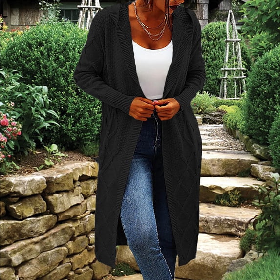 Usmixi 2023 Winter Womens Sweater Coats Hooded Cardigan for Women Long Sleeve Loose Winter Cozy Knitted Sweater Coats Casual Solid Open Front Mid Length Sweater Cardigan Up to 65% off