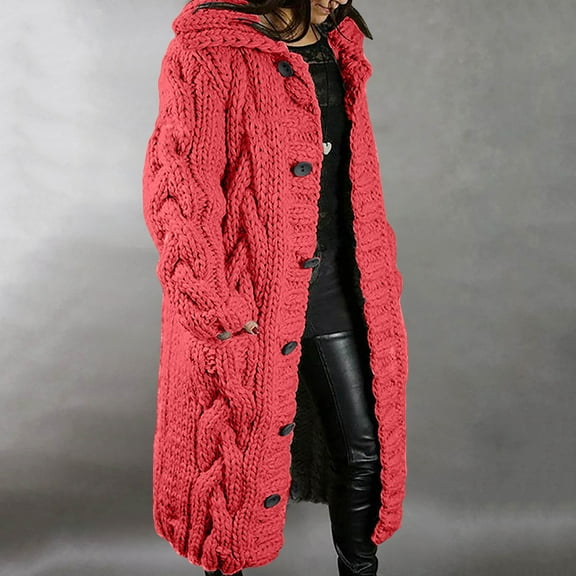 Usmixi 2023 Winter Womens Sweater Coats Womens Sweater Coats Winter Plus Size Soft Cozy Knitted Cotton Long Coats Casual Solid Long Sleeve Single Breasted Pocket Hooded Overcoats Up to 65% off