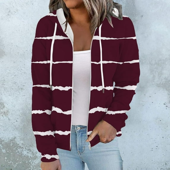 Usmixi 2023 Winter Womens Sweatshirt Coat Hooded Coat for Women Fashion Striped Print Zip up Drawstring Hoodies Tops Lightweight Casual Long Sleeve Fall Sweatshirt Outwear with Pocket Up to 65% off