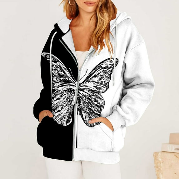Usmixi 2023 Winter Womens Sweatshirt Coat Womens Coat Vintage Butterfly Graphics Zip up Drawstring Hooded Sweatshirt Jacket Plus Size Lightweight Fall Hoodies Outwear with Pocket Up to 65% off
