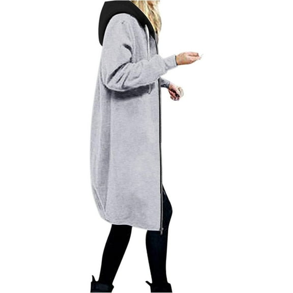 Usmixi 2023 Winter Womens Sweatshirt Coat Women Long Sweatshirt Coat Trendy Color Block Open Front Zip Hooded Coat Long Sleeve Loose Pocket Cozy Fleece Sweater Outerwear Up to 65% off